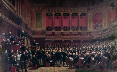 Louis Adolphe Thiers (1797-1877) toegejuicht door de afgevaardigden tijdens een vergadering, 16 juni 1877, ca. 1878